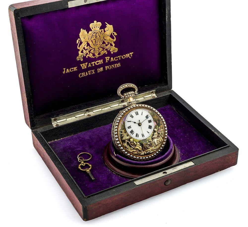 23 Unsigned Quarter Repeating Musical Pocket Watch Yellow Gold Enamel and Pearls | HONG KONG 2018 Jarní aukce hodin a hodinek – 2.díl